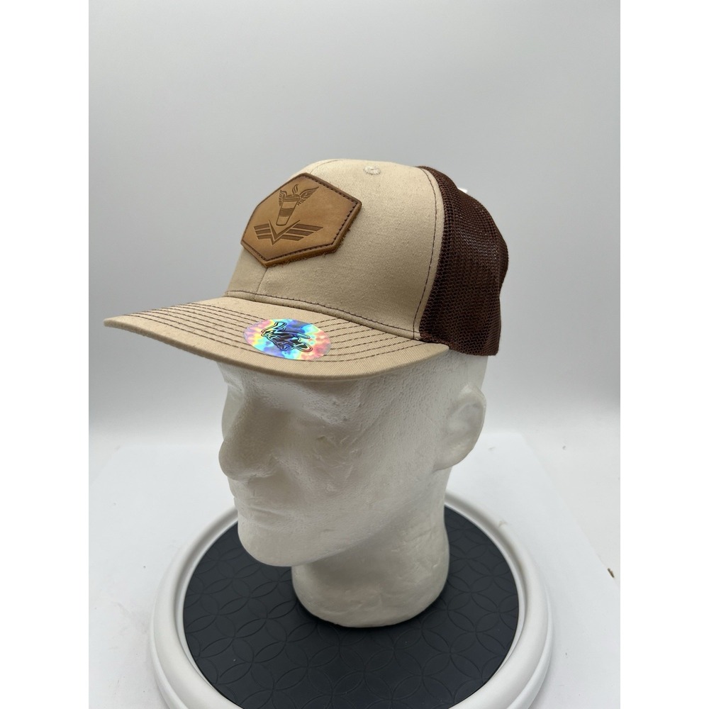 Wild Wear Coffee Cup Trucker Hat Leather Patch Khaki Brown Mesh Snapback NWT
